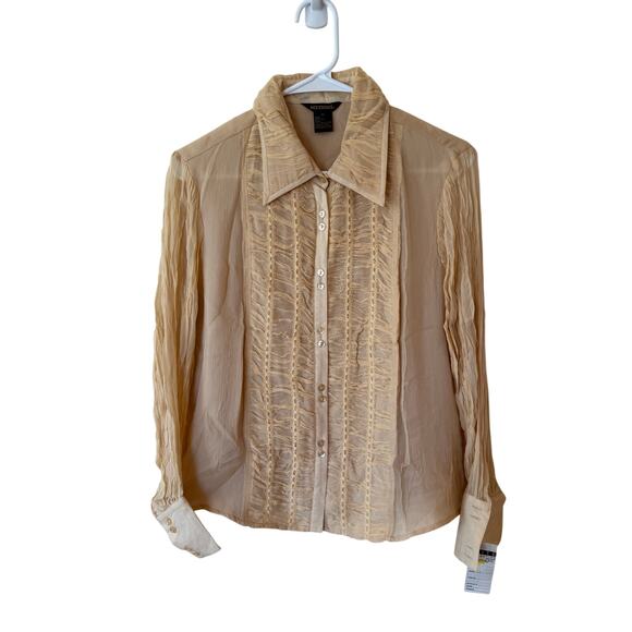 Ms Sioni Long Sleeve Pleated Button Down Silk Shirt Beige Women's Size Medium - Picture 1 of 10